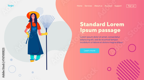 Positive woman working in garden. Gardener wearing hat and apron, holding rake flat vector illustration. Gardening, outdoor activity, hobby concept for banner, website design or landing web page