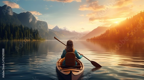 Young Woman Sitting on Boat, Rowing Exercise for Healthy Life and Relaxation in Morning Sunrise or Sunset Evening Background, 8 March, Yoga, World Health Day, Women's Day, Sports, Banner or Poster