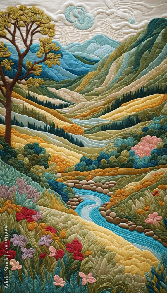 Embroidered landscape with textured swirls of vibrant thread colorful background