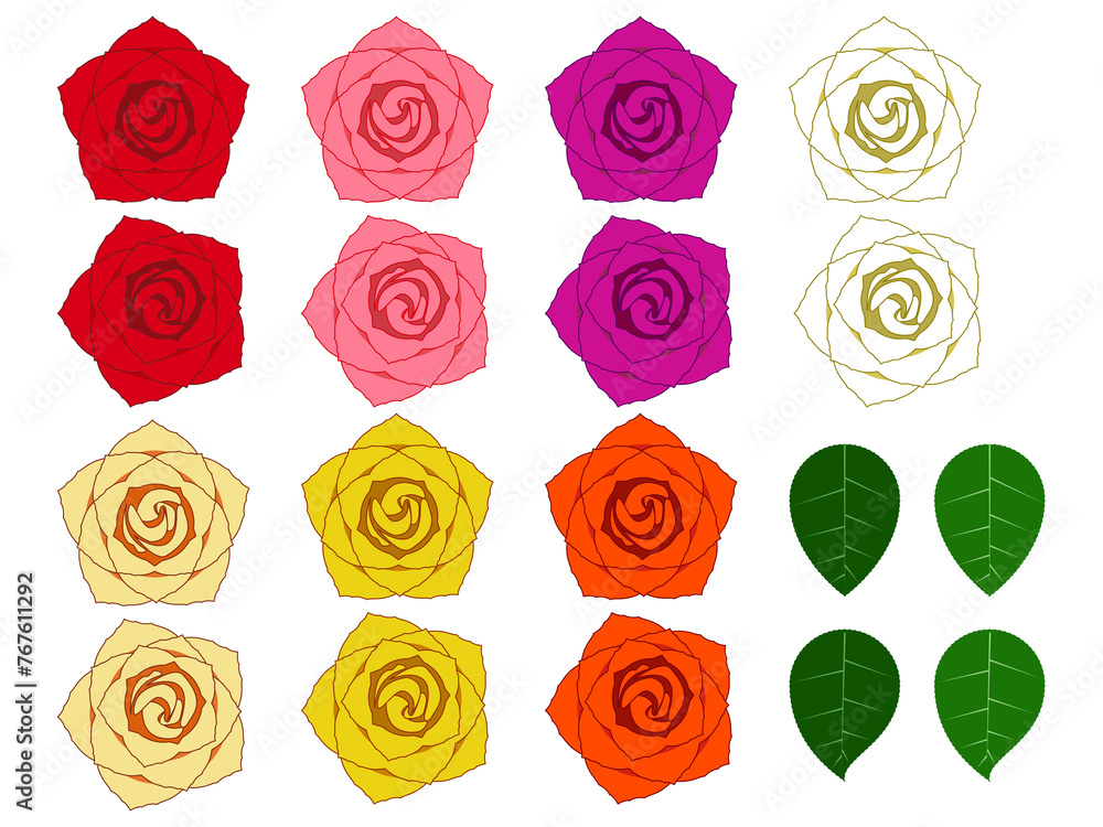 7色2種の薔薇の花と2色2種の葉