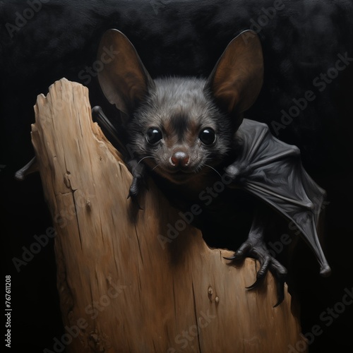 Small Bat Hanging Upside Down on Wood. Generative AI