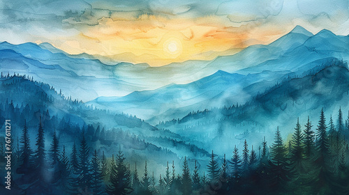 Mountain panorama in the rural area with morning sun. Watercolor painting illustration. Generative AI