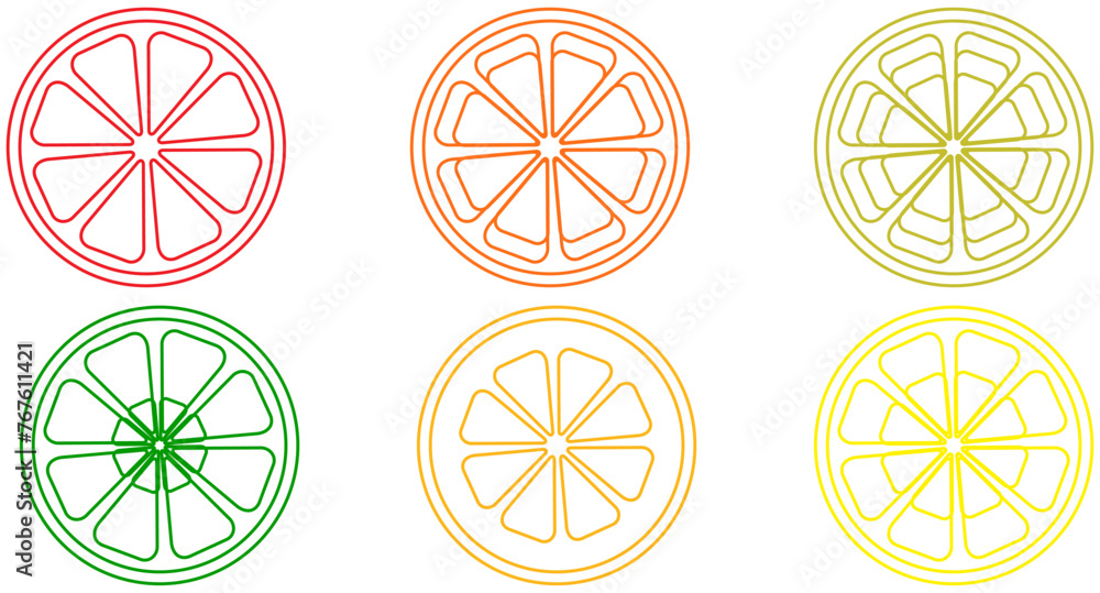Citrus Slice set. Lemon slice . Orange slice. Lime slice Line Art icons . Vector isolated on white Background