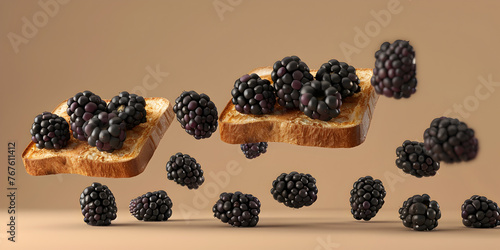 Ripe blackberries toast falling on light brown background , Colorful fruit pattern of blackberries on natural background.
  photo