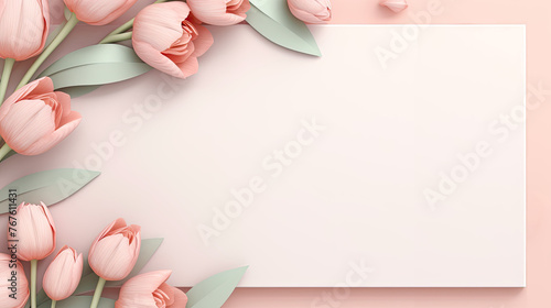 Card with tulip Flowers Frame, Blank Paper Postcard Background Banner for Women's Day, Mother's Day, Wedding, Anniversary, Greeting Card, Birthday and Holiday with Copy Space #767611431