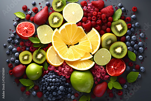 harvest different fruits berries and vegetables on a dark background. products and food. view from above