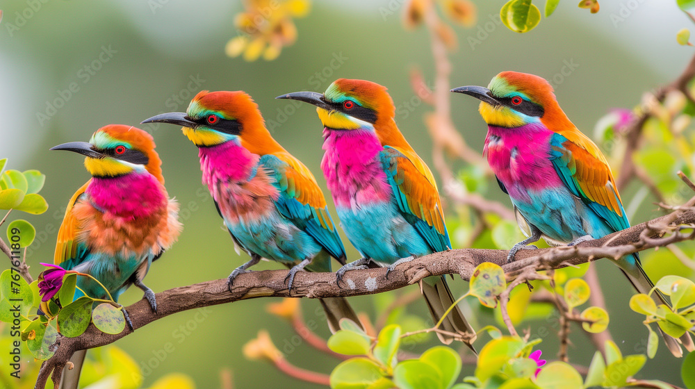 Colorful and bright birds sitting on a tree branch in the wilderness.