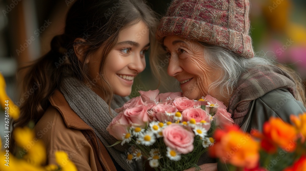 Older Woman Holding Bouquet of Flowers Next to Younger Woman Older Woman Holding Bouquet of Flowers Next to Younger Woman