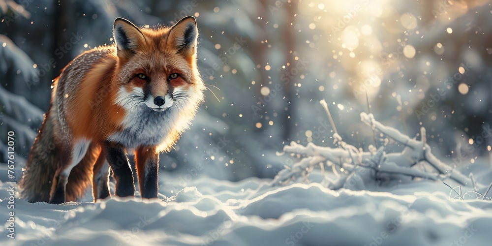 Cunning Fox Sneaking Through Snowy Forest Landscape
