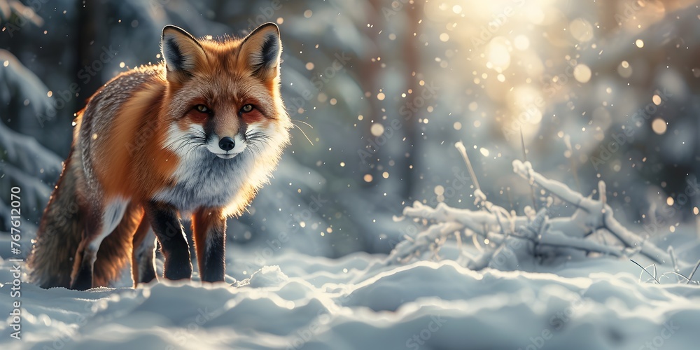 Obraz premium Cunning Fox Sneaking Through Snowy Forest Landscape
