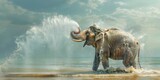 Joyful Elephant Spraying Water in Tropical Landscape with Blue Sky and Clouds