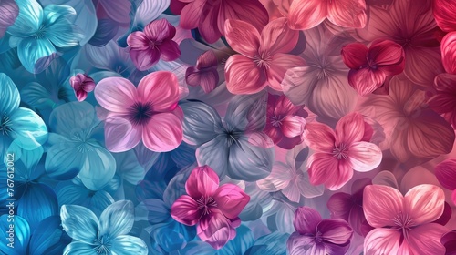 Colorful Flowers Seamless Patterns. Pink-Blue Gradient Hue, Glowing Glassy Style. Beautiful Floral Abstract Background