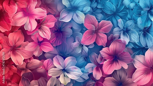 Colorful Flowers Seamless Patterns. Pink-Blue Gradient Hue  Glowing Glassy Style. Beautiful Floral Abstract Background