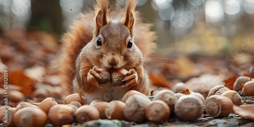 Industrious Squirrel Hoarding Acorns for the Approaching Winter Furry Forager Collecting Edible Nuts in Autumn Woodland Scene with Bokeh Background