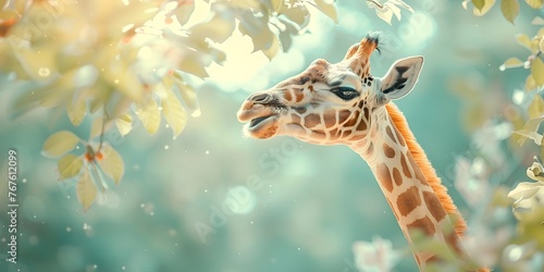 Giraffe Reaching Upwards Towards Lofty Treetop Leaves in Serene Natural Habitat with Copy Space