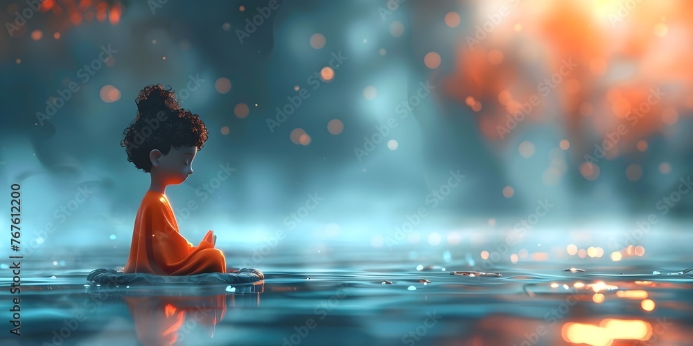 Meditation app character in a zen digital peace scene with copy space