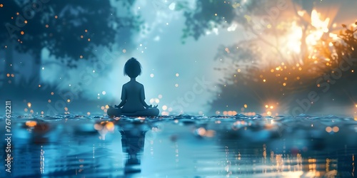 Meditation App Character Floating in Zen Digital Peace Landscape with Reflections and Glowing Lights