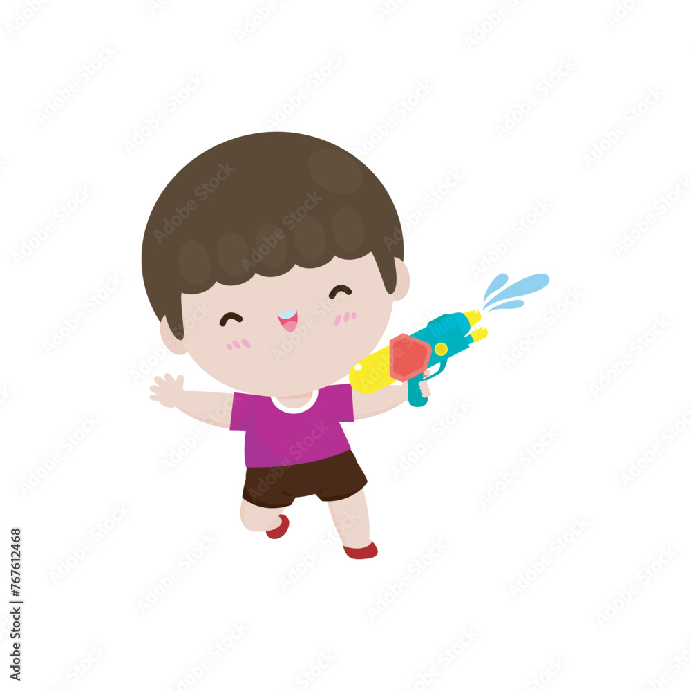 Songkran festival kid thai Traditional playing enjoy water gun splashing water Thailand cartoon character flat style Happy thai new year vector illustration on white background Songkran festival kid thai Traditional playing enjoy water gun splashing water Thailand cartoon character flat style Happy thai new year vector illustration on white background