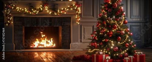 A Christmas tree with red ornaments and a fireplace with red stockings