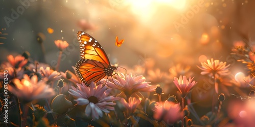 Delicate Butterfly s Whimsical Journey Among Vibrant Wildflowers at Enchanting Sunset