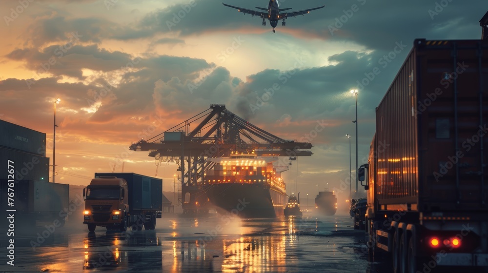 Container truck in ship port for business Logistics and transportation of Container Cargo ship and Cargo plane with working crane bridge in shipyard at sunrise, logistic import export and transport - obrazy, fototapety, plakaty 