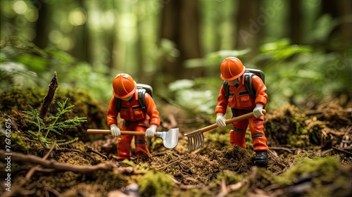 miniature forest rangers preventing illegal deforestation photo