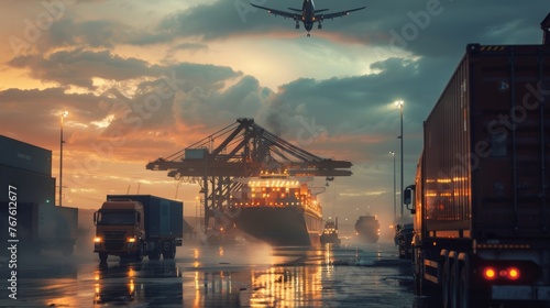 Container truck in ship port for business Logistics and transportation of Container Cargo ship and Cargo plane with working crane bridge in shipyard at sunrise, logistic import export and transport photo