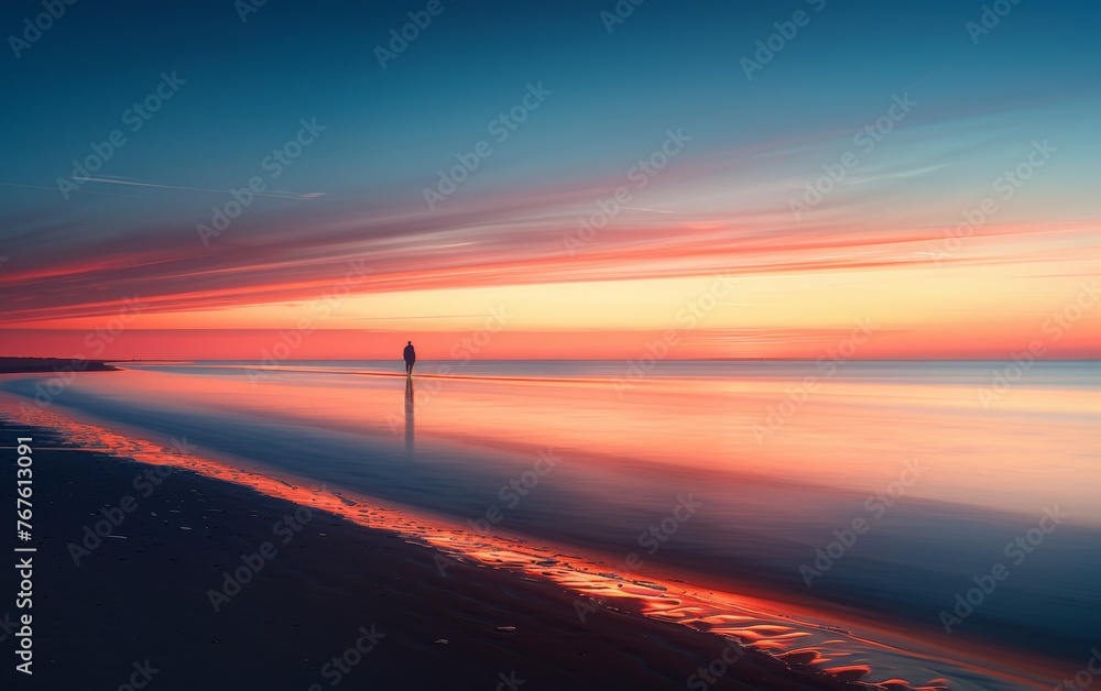A person is walking on a beach at sunset