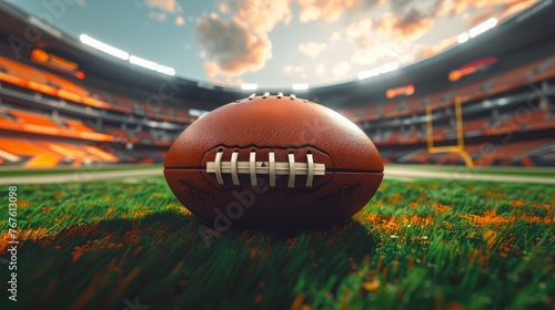 A football is laying on the grass in a stadium