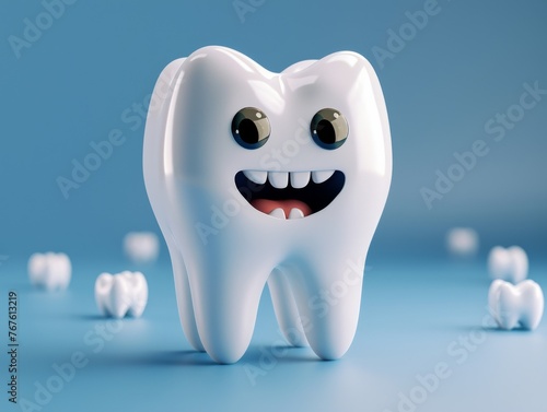 A cartoon tooth is smiling and has its mouth open