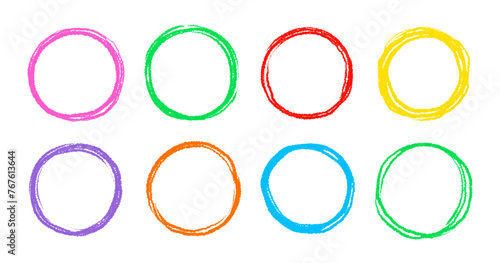 Scribble circle round vector frame. Hand drawn rough scribble effect line. Children color crayon brush stroke frame. Scribble hand drawn grunge doodle color circle set. Vector illustration