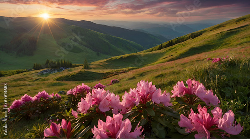 Colorful Carpathian mountains landscapes in Ukraine Europe featuring a lawn with pink rhododendron flowers.generative.ai © Waqar