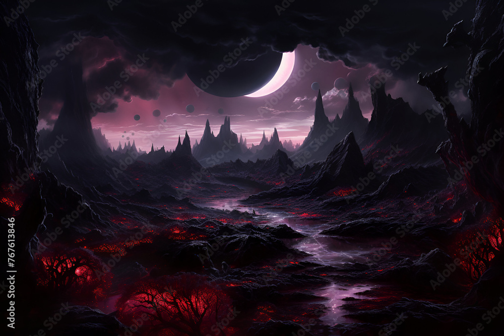 Fototapeta premium View of an Eclipse From a Vast Fantasy Landscape Artwork Background