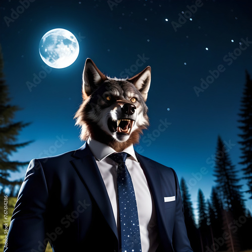 A werewolf at night under a cloudless starry sky, dressed in a modern business suit with a tie, howls at the full moon photo