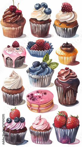 A large set of sweet desserts and cute cupcakes with, watercolor illustration 