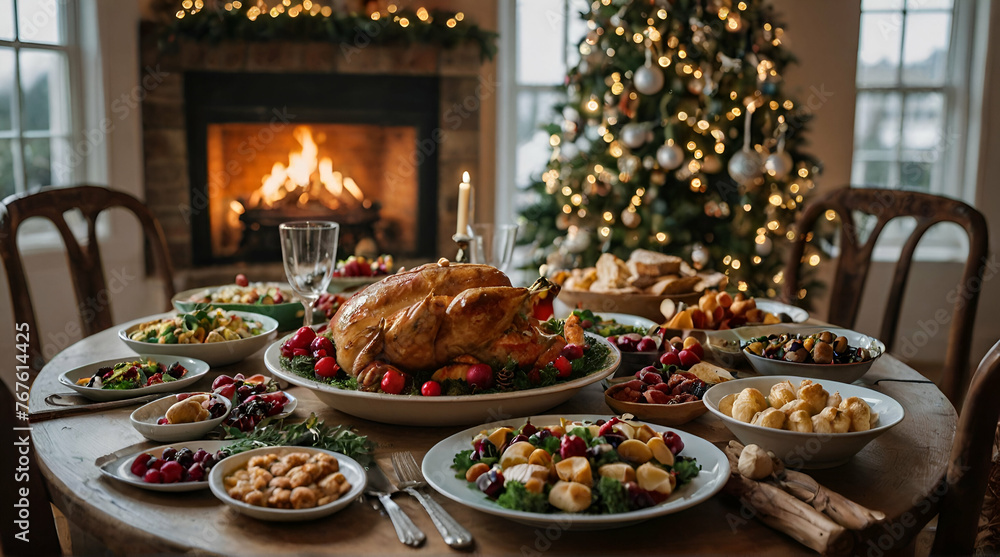 Christmas dinner table full of dishes with Variety of beautiful decorated christmas holiday table with delicious assorted.generative.ai