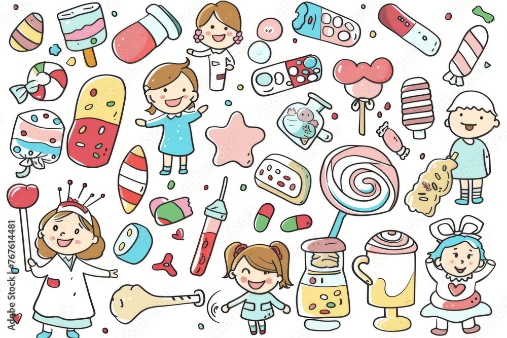 Cartoon cute doodles of a candy hospital where doctors and nurses treat patients with candy bandages, lollipop medicine, and marshmallow pillows, Generative AI Cartoon cute doodles of a candy hospital where doctors and nurses treat patients with candy bandages, lollipop medicine, and marshmallow pillows, Generative AI
