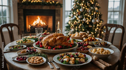 Christmas dinner table full of dishes with Variety of beautiful decorated christmas holiday table with delicious assorted.generative.ai