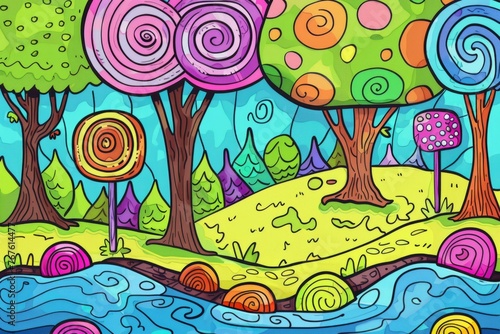 Cartoon cute doodles of a candy forest with lollipop trees  gumdrop bushes  and chocolate rivers flowing through it  Generative AI