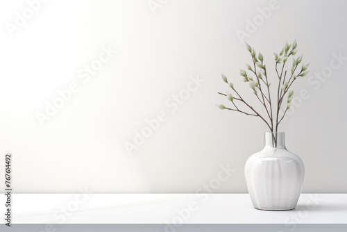 White vase with flowers on a white background with a place to copy photo