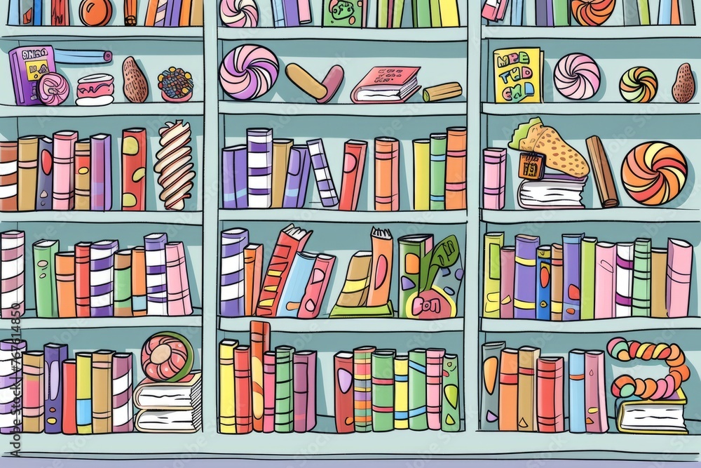 Cartoon cute doodles of a candy library filled with books made of candy wrappers and shelves stocked with candy-themed novels and cookbooks, Generative AI