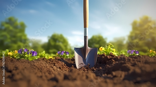 Shovel inserted into fertile garden soil