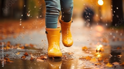 Children walk through puddles in yellow rubber boots in autumn.