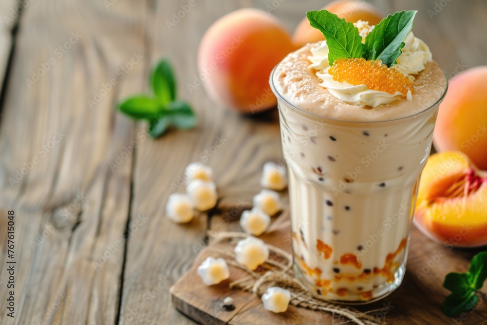Peach milkshake with sweet tapioca balls, Asian bubble tea drink Peach milkshake with sweet tapioca balls, Asian bubble tea drink