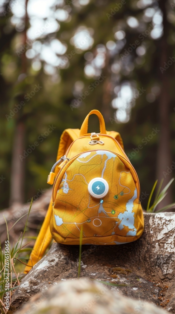 A vibrant yellow backpack with a map design resting on a forest rock, equipped with a GPS tracker, symbolizing adventure readiness and child safety in the wilderness A vibrant yellow backpack with a map design resting on a forest rock, equipped with a GPS tracker, symbolizing adventure readiness and child safety in the wilderness