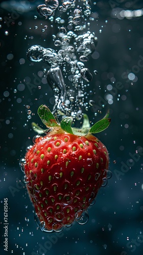 close-up A of ripe 1 strawberry, with water droplets, falling into a deep black water tank, underwater photography, contrast enhancement, natural sunlight filtering through water 