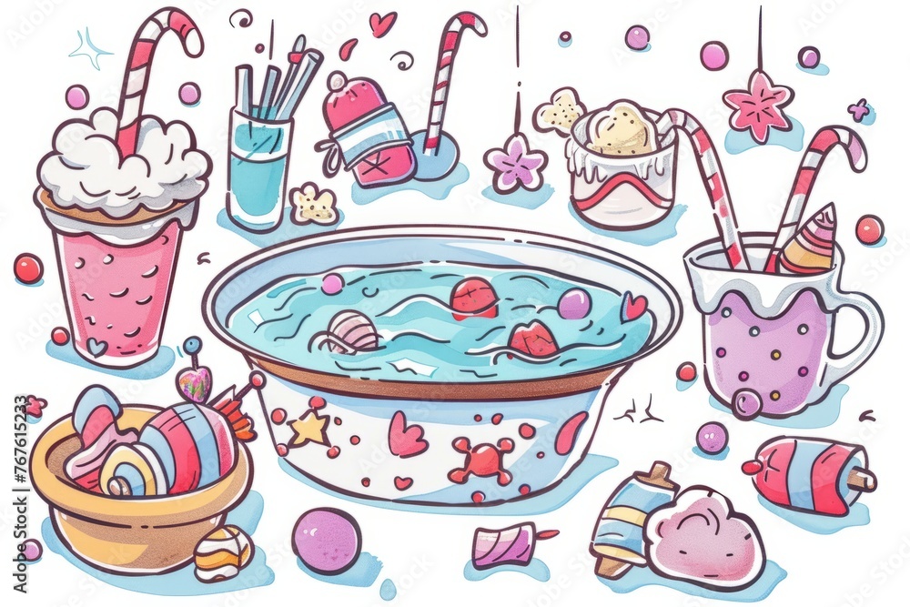 Cartoon cute doodles of a candy spa where guests relax in hot tubs