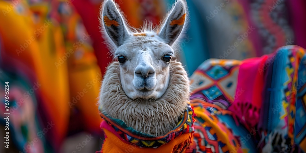 Naklejka premium Vibrant Llama Adorned with Colorful Andean Textiles in Scenic Mountain Landscape