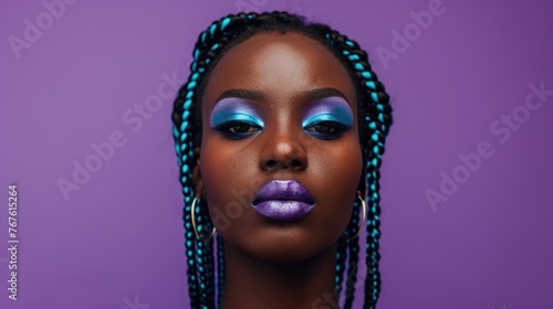 Portrait of a woman with vibrant blue and purple makeup and braided hair.
