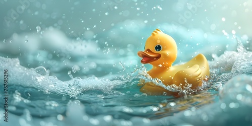Cheerful Rubber Duck Character Navigating Splashy Bathtub Waves with Ample Copy Space